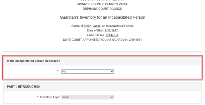Shows the placement of the new Is the incapacitated person deceased question.